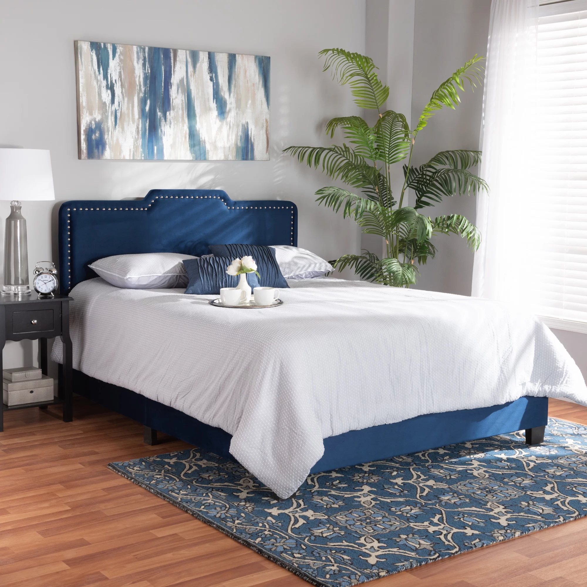 Baxton Studio Benjen Contemporary/Modern Velvet Back Support Panel Bed, Queen, Navy Blue/Black
