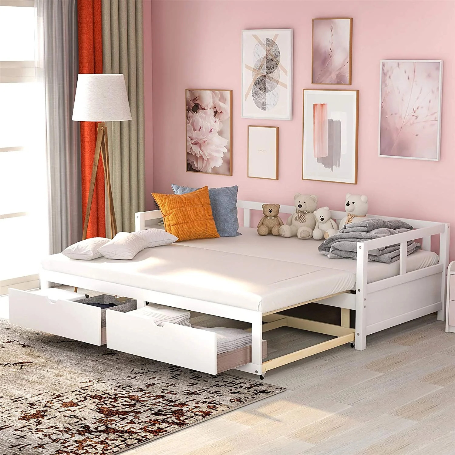 Daybed With Trundle And Drawers, To King Design Sofa Bed,Wooden Extendable Bed Daybed For Bedroom Living Room, White