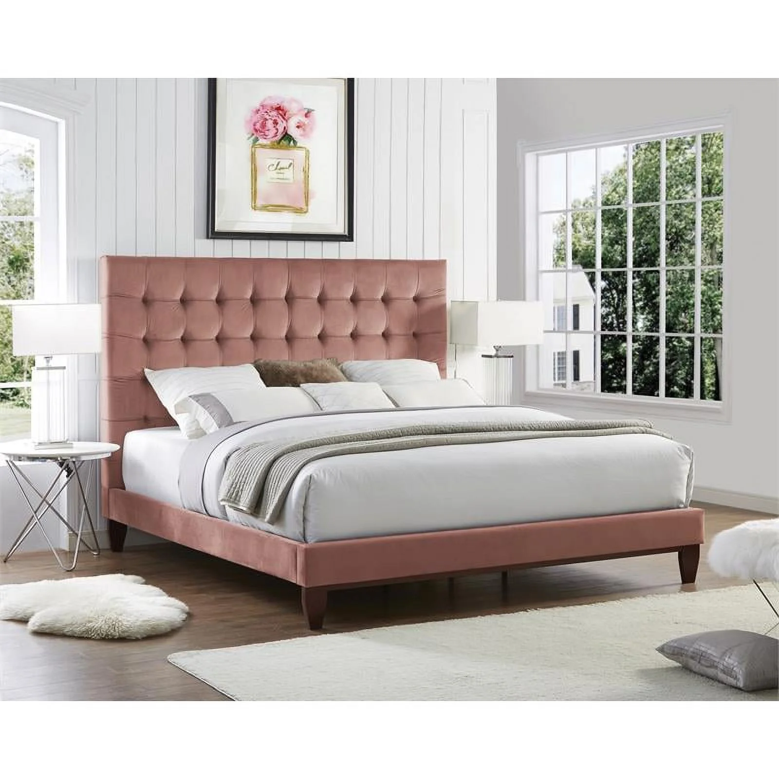 Blake Beds Blush Velvet Queen Button Tufted