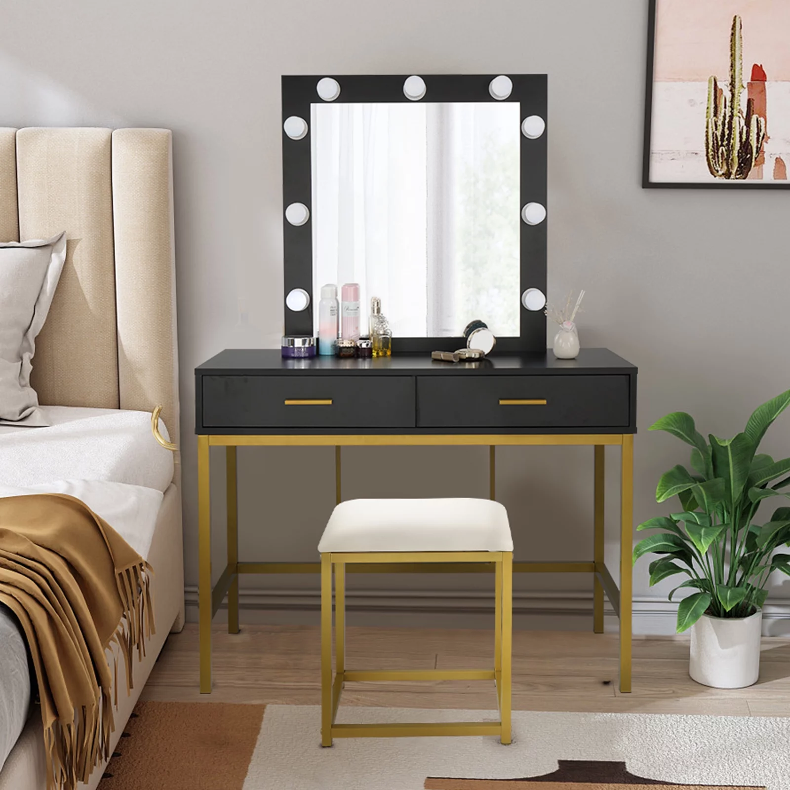 Glavbiku Modern Makeup Vanity Table with 2 Drawer 9 Light Mirror Dresser Set for Bedroom Black,Adult