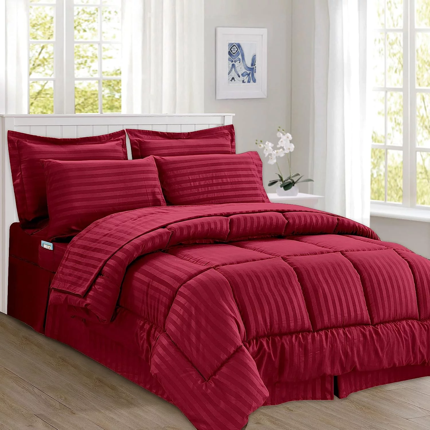 Mocassi Comforter Set, 8-Piece Striped Down Alternative, Soft & Plush Bedding Set Perfect for Any Bed Room, King/California King Size, Burgundy