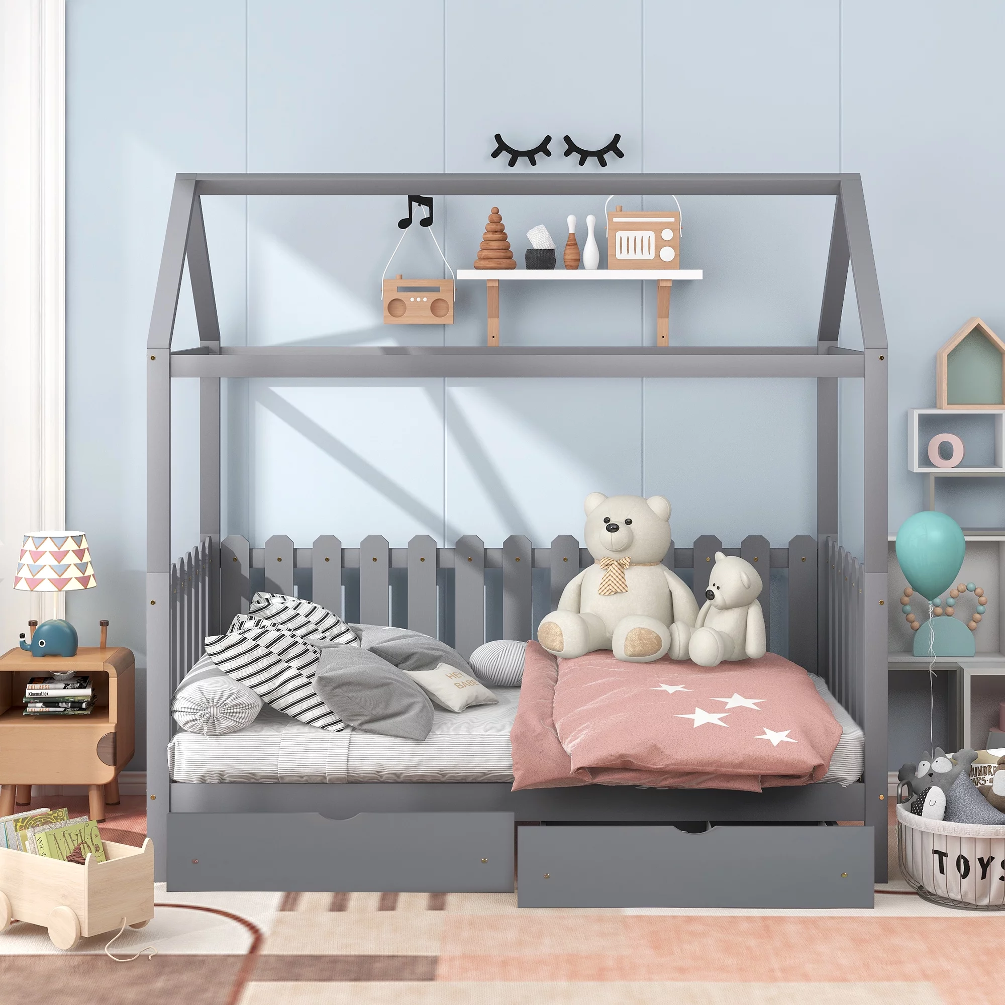 EUROCO Pine Wood Twin Size House Bed with Drawers for Kids, Rustic Style, Gray