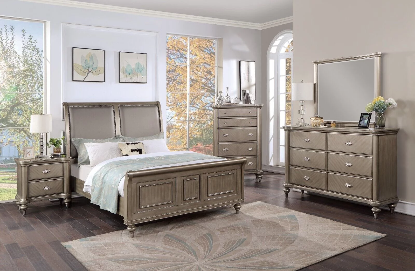 Bedroom Furniture 6pc Set Eastern King Size Bed Upholstered HB Unique FB Dresser Mirror Nightstands Chest Grey Wooden Classic