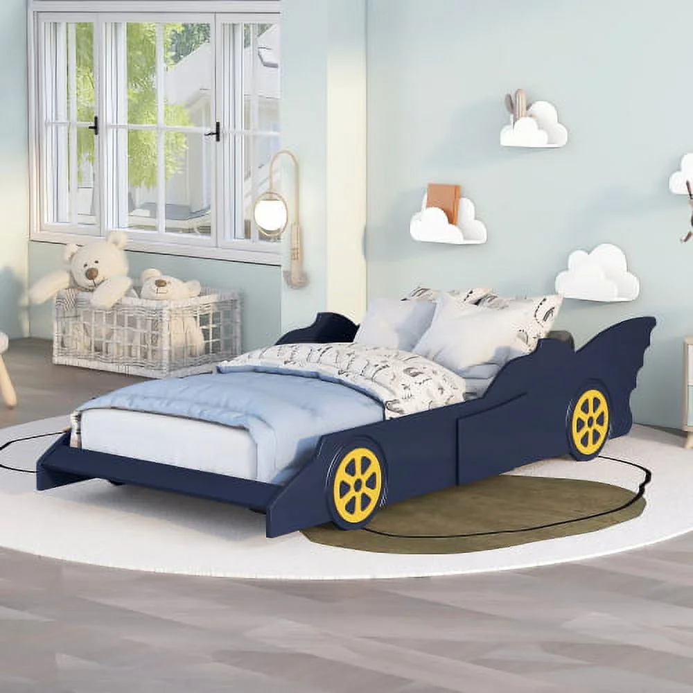 Motent Twin Size Race Car-Shaped Platform Bed with Wheels, Car Bed Frame,for Kids Boys Girls Toddler, Wooden Platform Bed Frame with Support Slats, Twin Floor Bed, Blue+Yellow