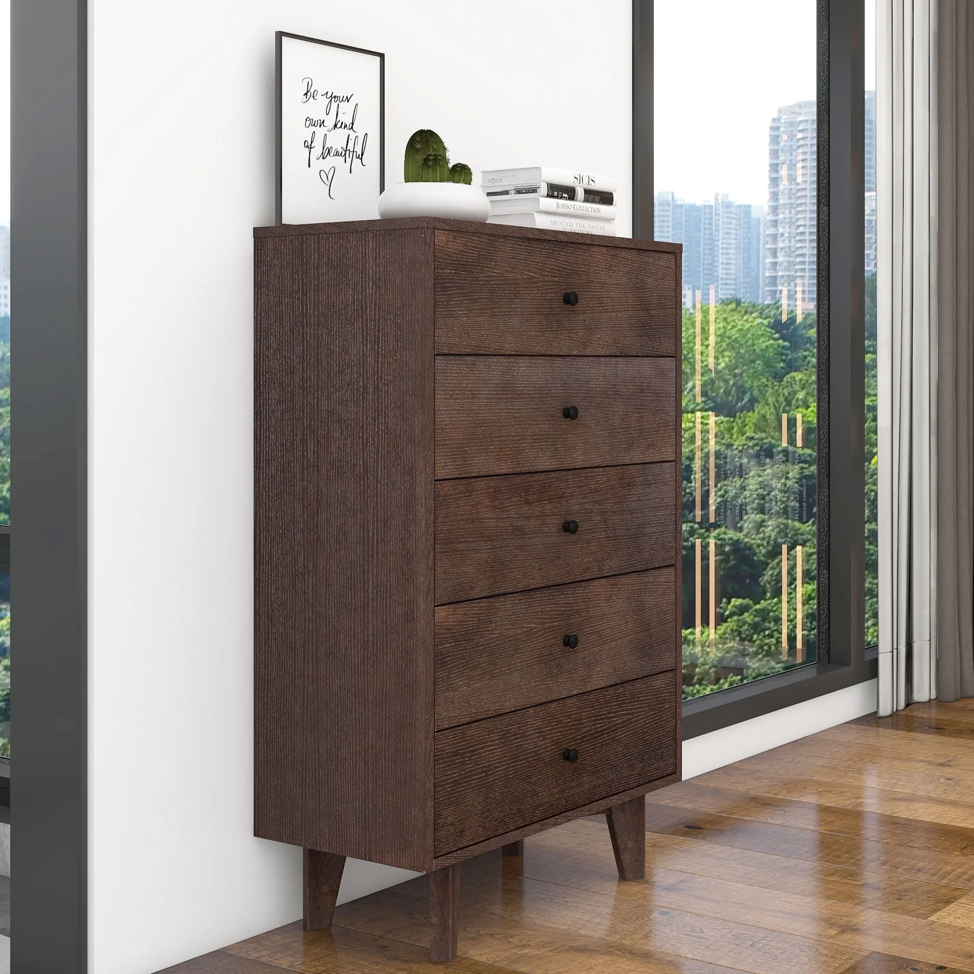 HIUU Tall Dressers for Bedroom,Modern 5 Dressers,Natural Wood Dresser,Wooden Chest of Drawers for Bedroom,Dark Brown