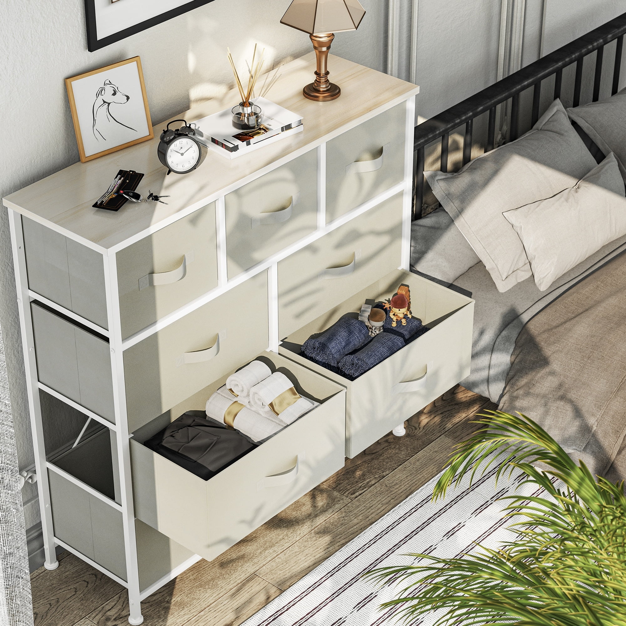 Modern Wide Dresser Storage Tower with 9 Drawers Off White