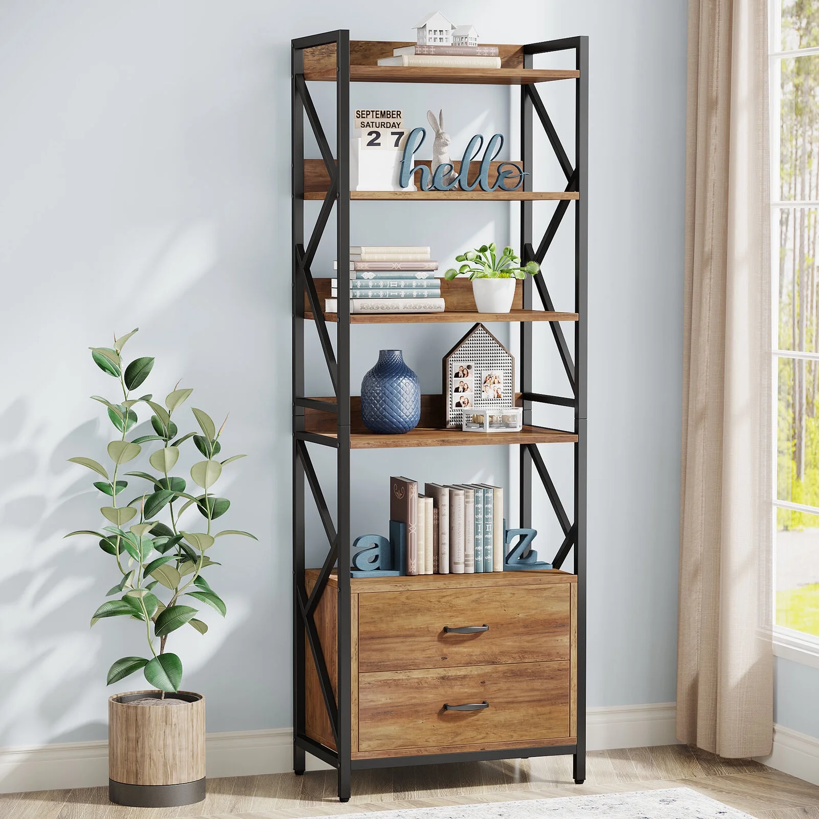 Tribesigns 5 Tier Bookshelf with 2 Drawers, Industrial Bookcase Open Storage Shelf for Home Office, Brown