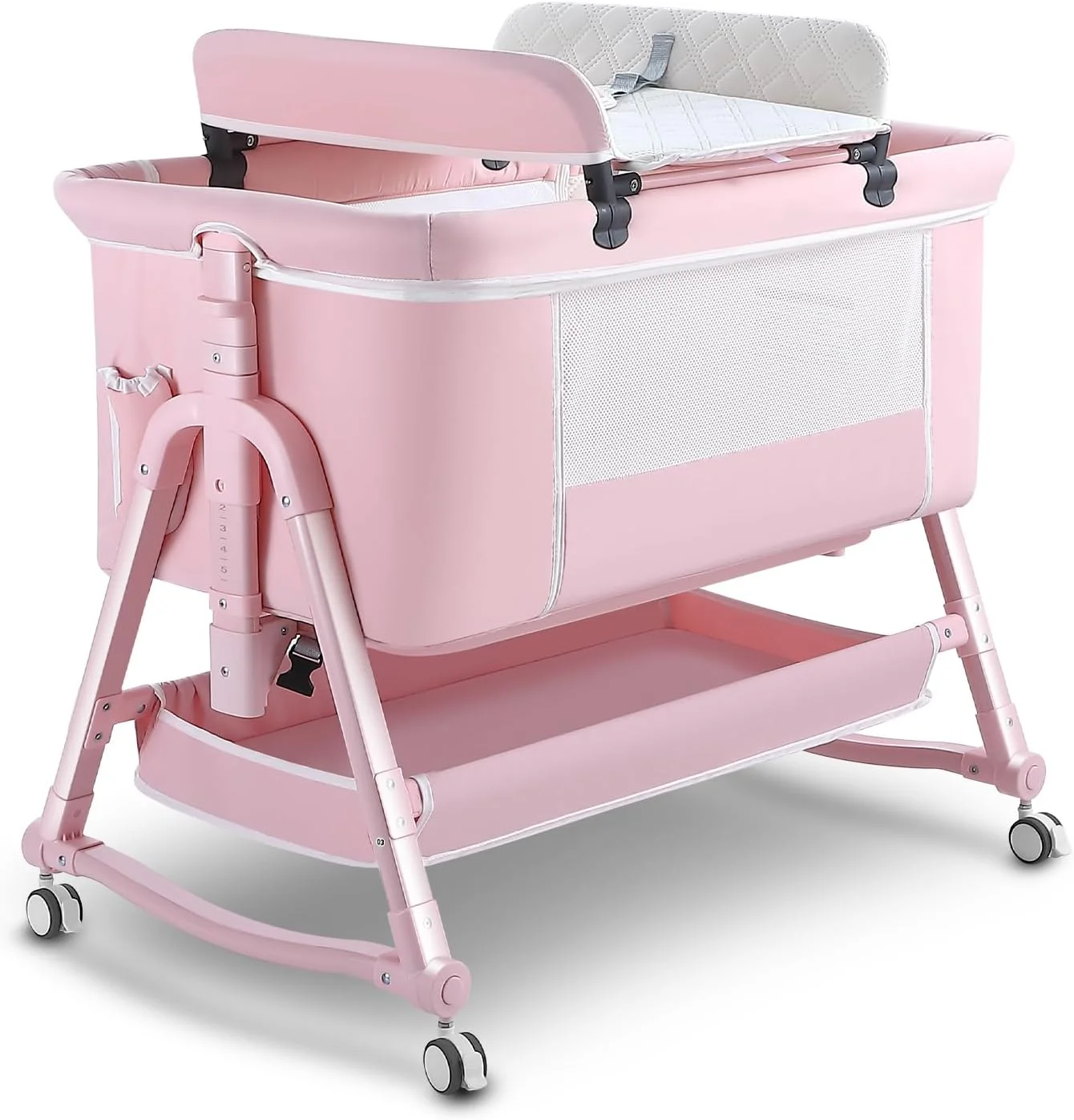 YGDU 4 in 1 Baby Bassinet Bedside Sleeper, Portable Baby Bassinet with Wheels, Baby Crib with Changing Station, Mattress Included and Storage, Foldable Travel Bassinet for Baby/Infant/Newborn -Pink