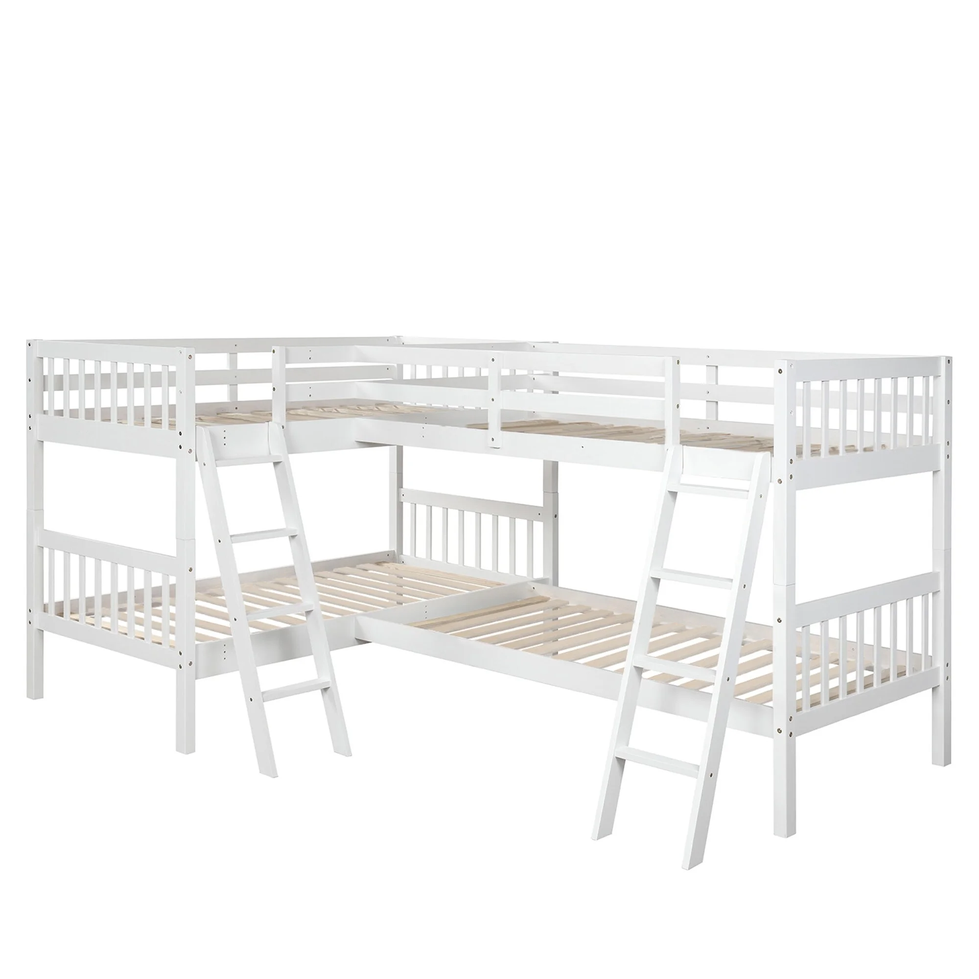 Twin Size L-Shaped Bunk Bed with ladder and guardrail White