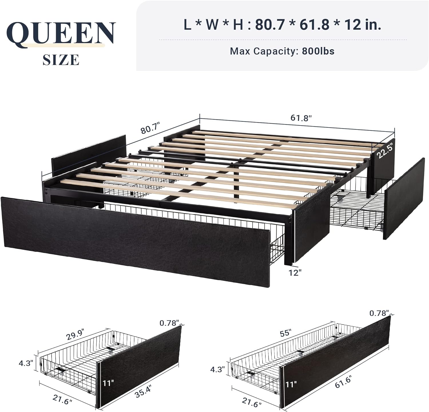 JIAH Platform Bed Frame with 3 Storage Drawers, Fabric Upholstered, Wooden Slats Support, No Box Spring Needed, , Easy Assembly, Dark Grey
