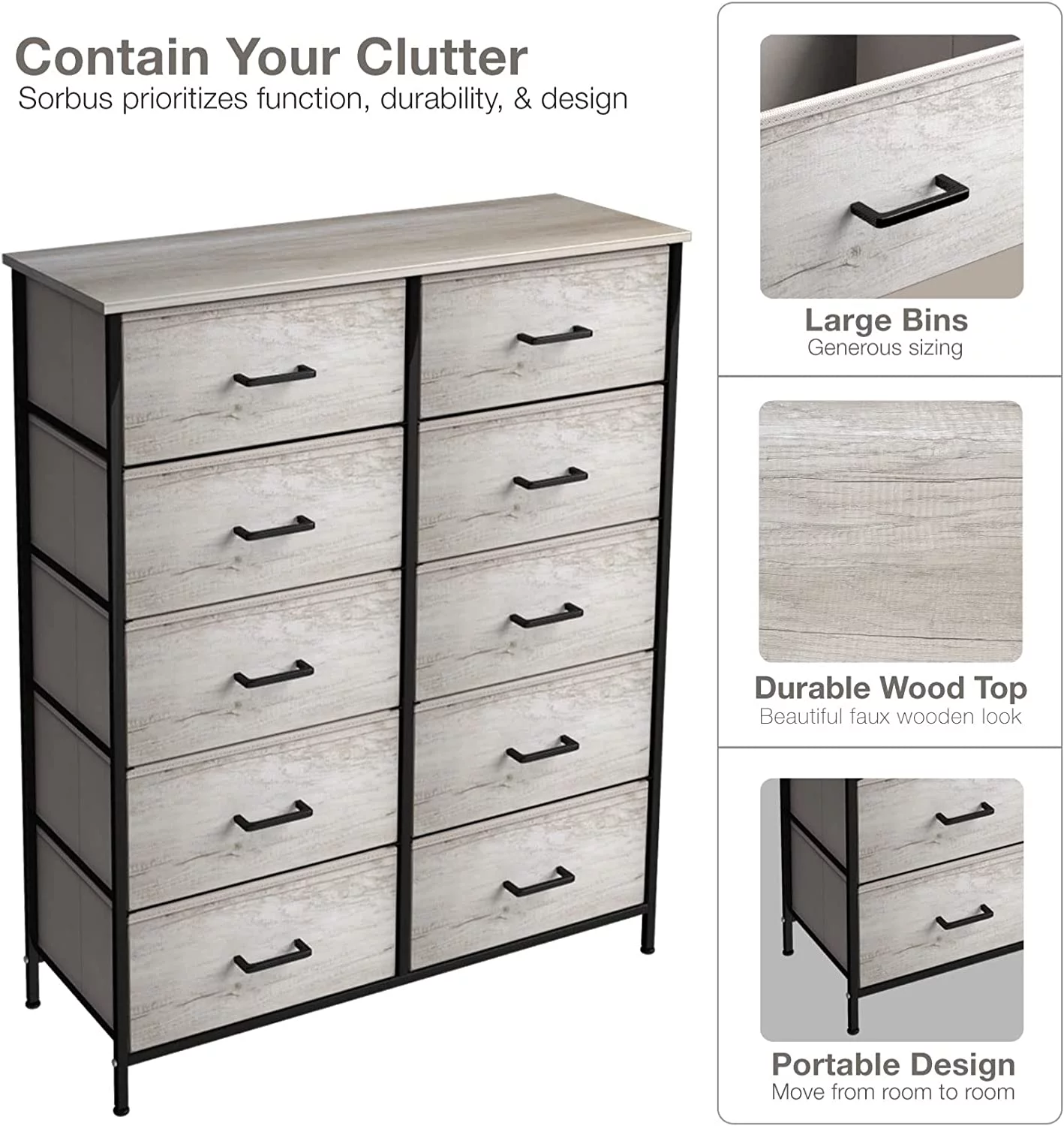 Sorbus Dresser with 10 Faux Wood Drawers - Storage Unit Organizer Chest for Clothes - Bedroom, Hallway, Living Room, Closet, & Dorm Furniture - Steel Frame, Wood Top, & Easy Pull Polyester Fabric Bins