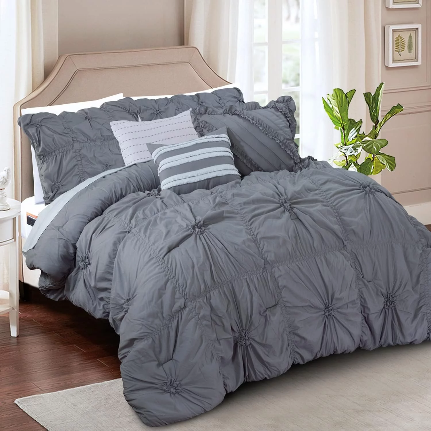 12-Piece Oversized Comforter, Amy Bedding Collection including 6-Piece Sheet Set Featuring Smart Pockets and Matching Decorative Pillows, Full/Queen, Gray