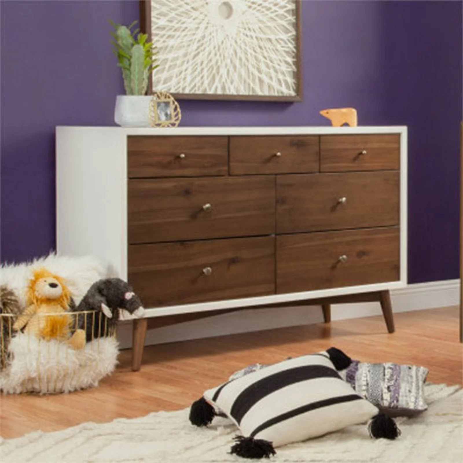 Babyletto Palma 7 Drawer Assembled Double Dresser in White and Natural Walnut