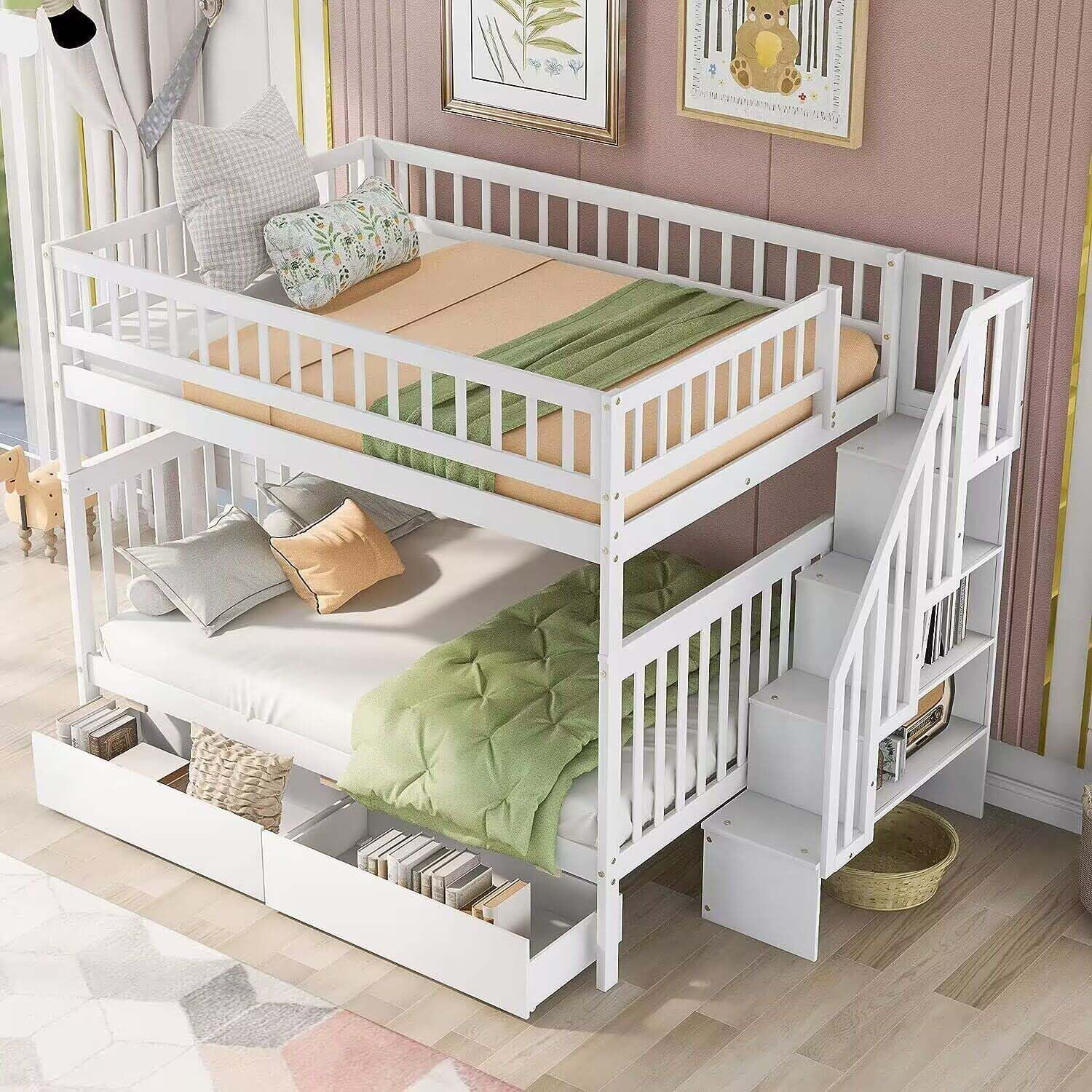 Full Over Full Bunk Bed With Stairs, Solid Wood Bunk Bed With Storage Drawers For Kids Teens Adults - White