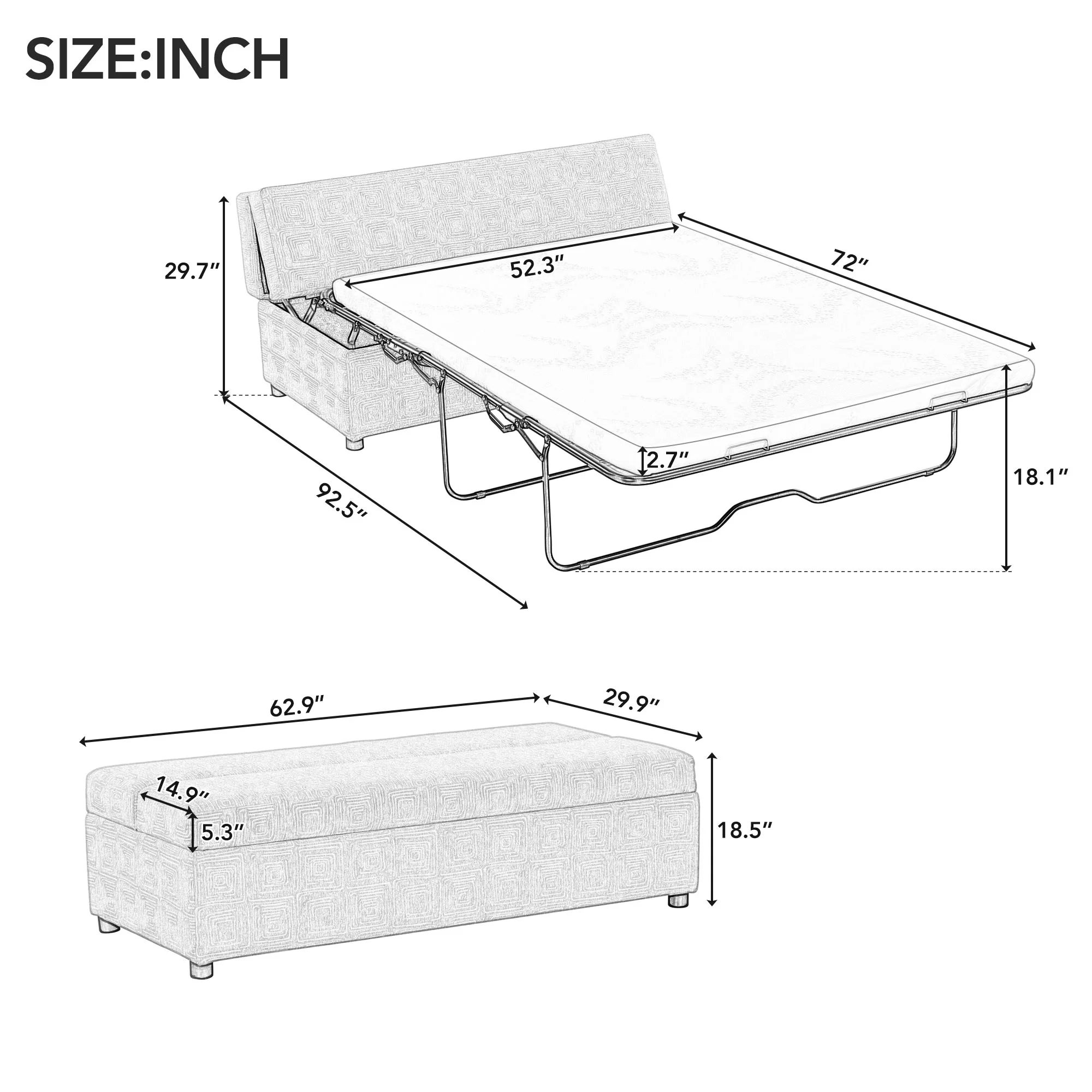 Churanty Full Size Folding Ottoman Sleeper Bed with Mattress,Linen Convertible Guest Bed,Black+ Gray