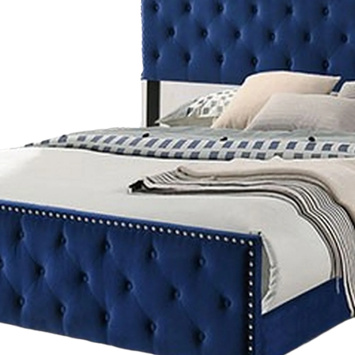 Benjara Agapi California King Bed, Button Tufted, Nailhead Trim, Navy Upholstery