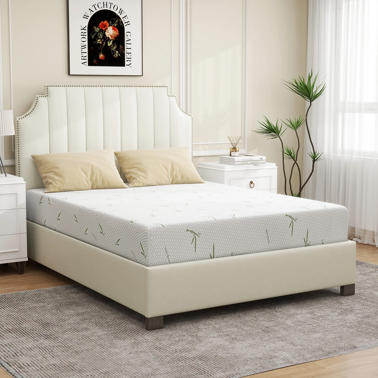 8'' Queen Size Memory Foam Mattress with Bamboo Pattern Cover Breathable Bed Mattress in a Box, CertiPUR-US, Made in USA