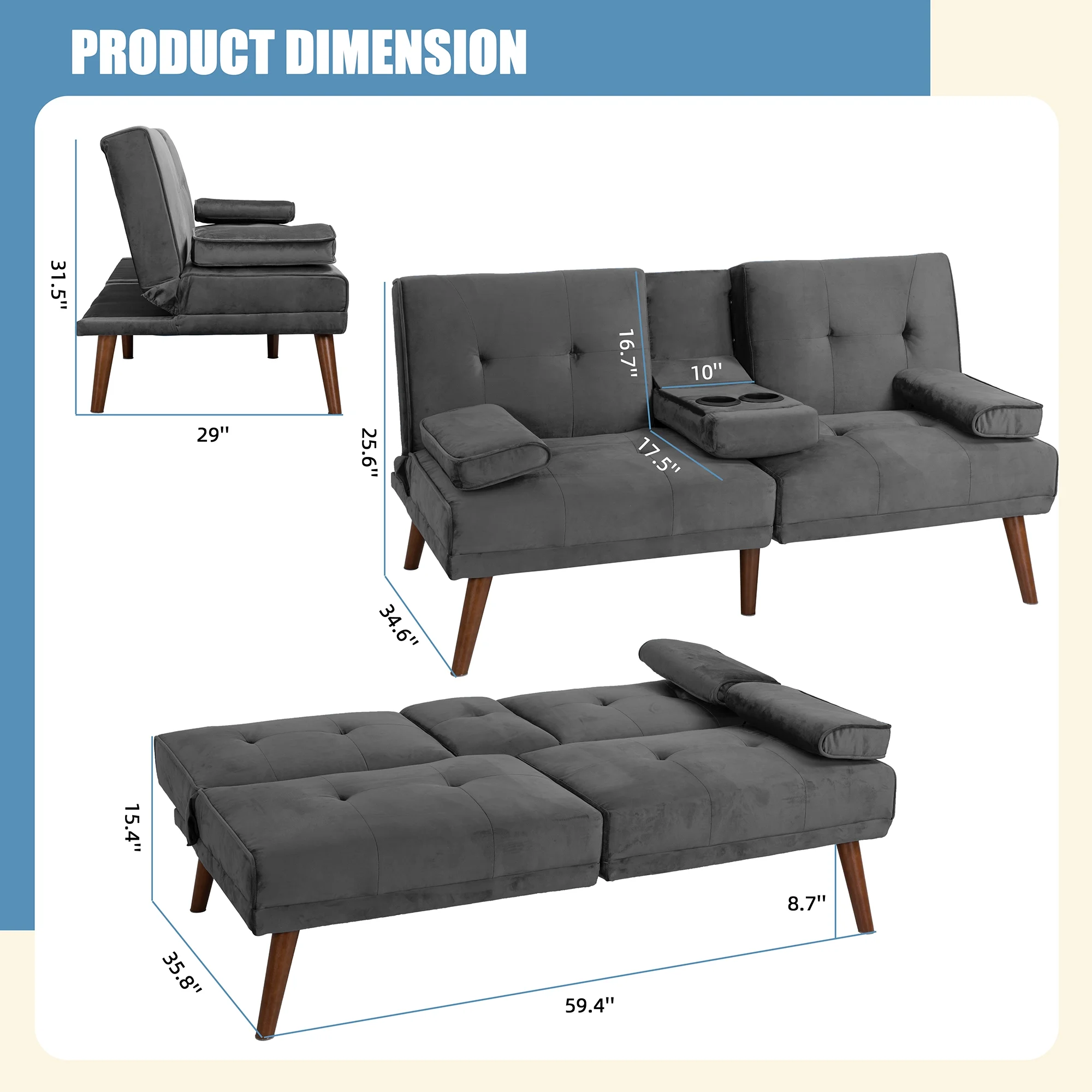 Walsunny 60”Convertible Sofa Bed Small Folding Loveseat Couch Removable Armrest, Modern Futon Recliner Sleeper wIth 2 Cup Holder Dark Gray