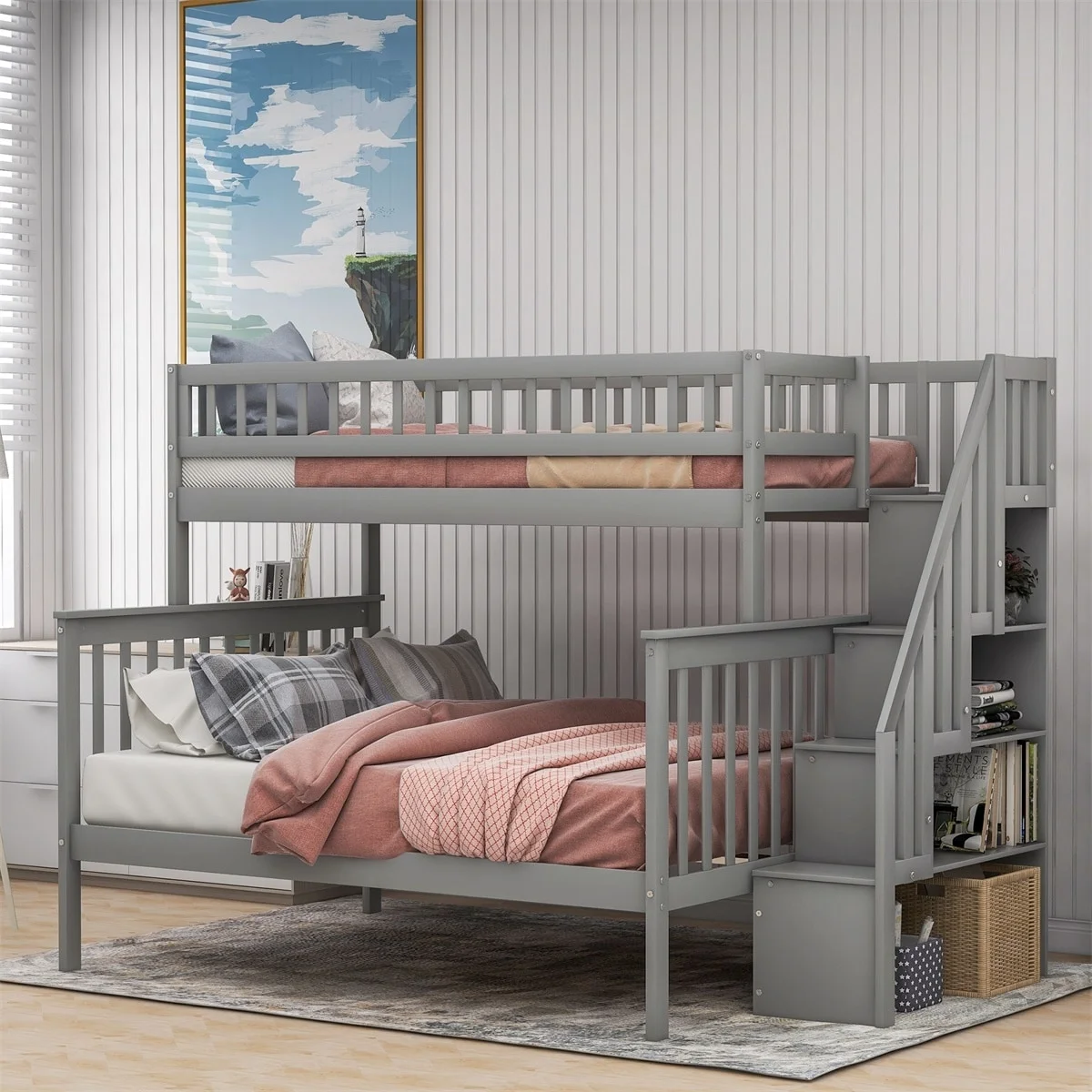 MERAX Twin over Full Wood Bunk Bed with Storage Stairs Grey
