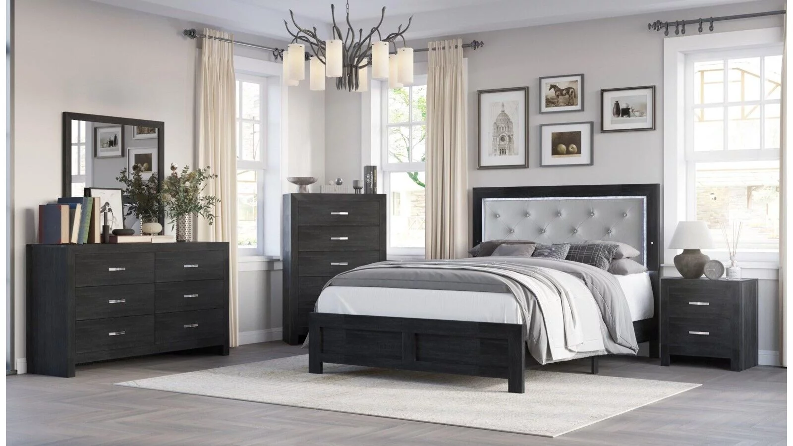 Modern 5pc Queen Size PU Upholstered LED Headboard Bed Dresser Mirror Nightstands Wooden Bedroom Furniture Set Black Finish