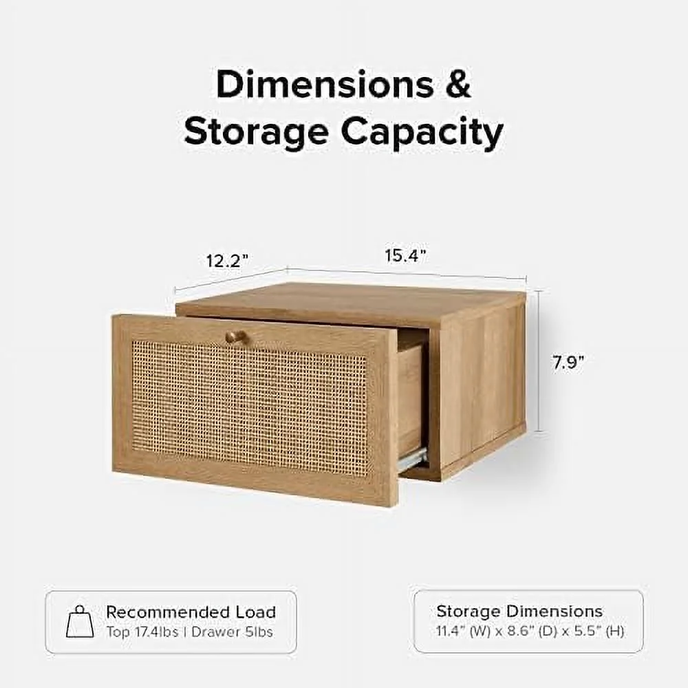 TJUNBOLIFE Hannah Floating Nighstand  Natural Rattan Farmhouse  Wall Mounted Space Saving Bedside Tables  Nightstands  Drawer with Spacious   for Bedroom  Living (Riviera Oak  Floating (D