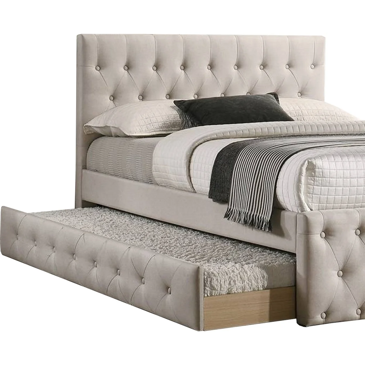 Nek Wood Twin Size Upholstered Bed with Trundle Tufted Taupe Burlap Frame- Saltoro Sherpi