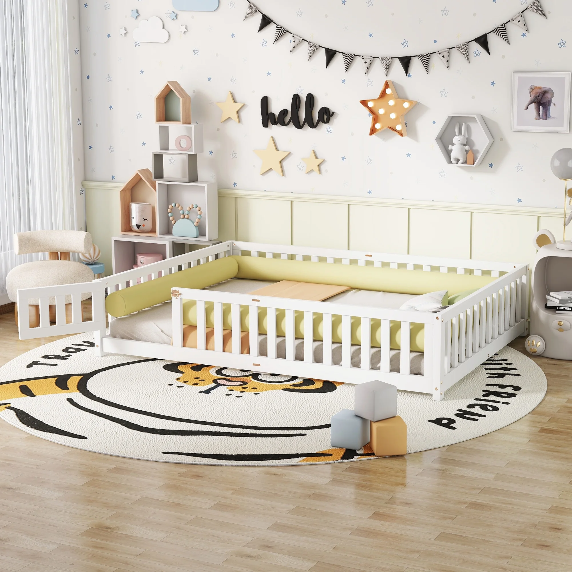 CoSoTower Queen Size Bed Floor Bed with Safety Guardrails and Door for Kids, White (Expect Arrival Date Nov.2Nd)