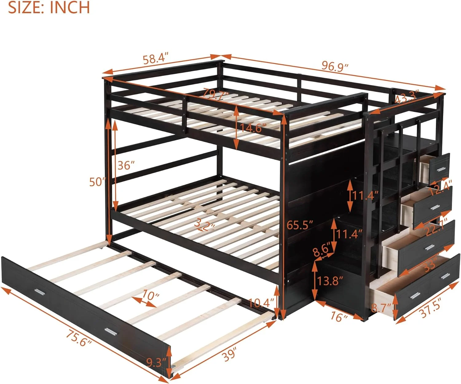 Full Over Full Bunk Bed With Size Trundle And Stairs, Kids Bunk Beds With Storage Drawers, Wood Full Bunk Beds With Trundle And Guardrail For Kids Teens Adults, Espresso