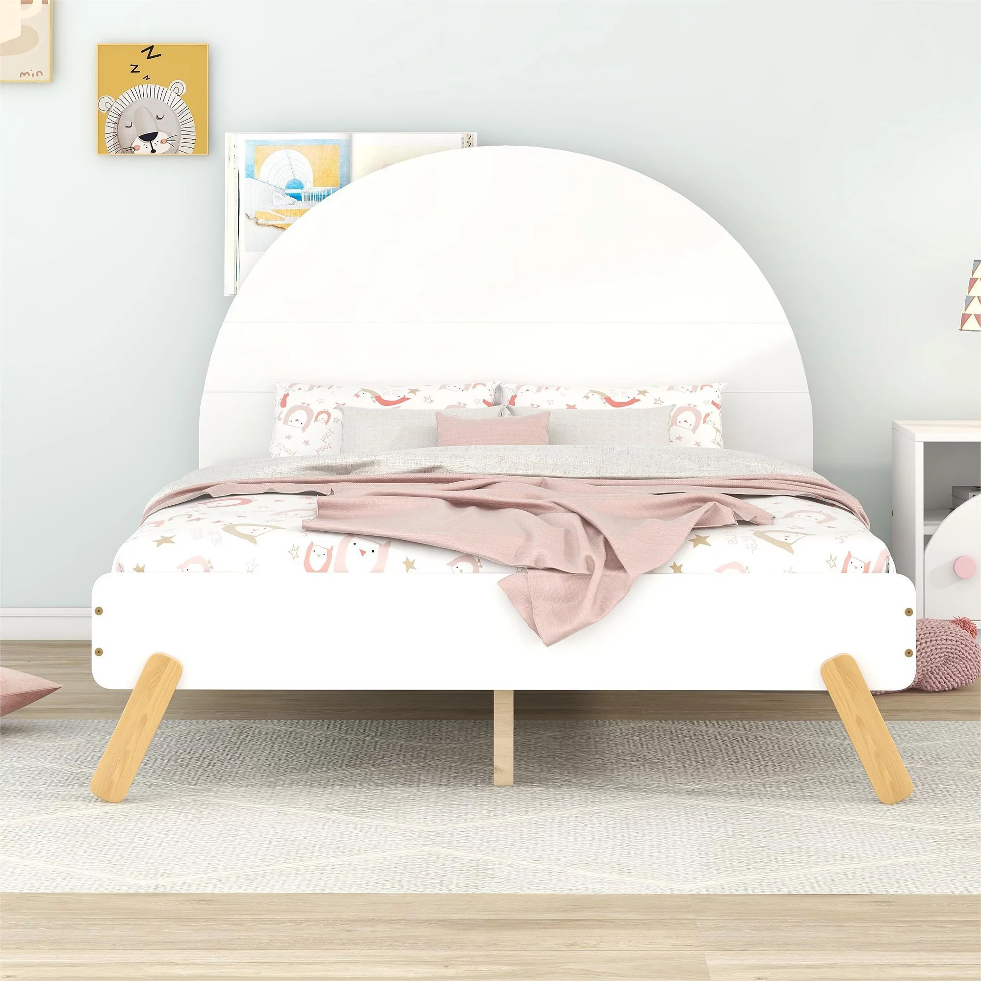 Royard Oaktree Full Size Bed With Unicorn Curved Headboard Cute Wood Platform Bed Frame with Shelf Behind Headboard, No Box Spring Needed, White