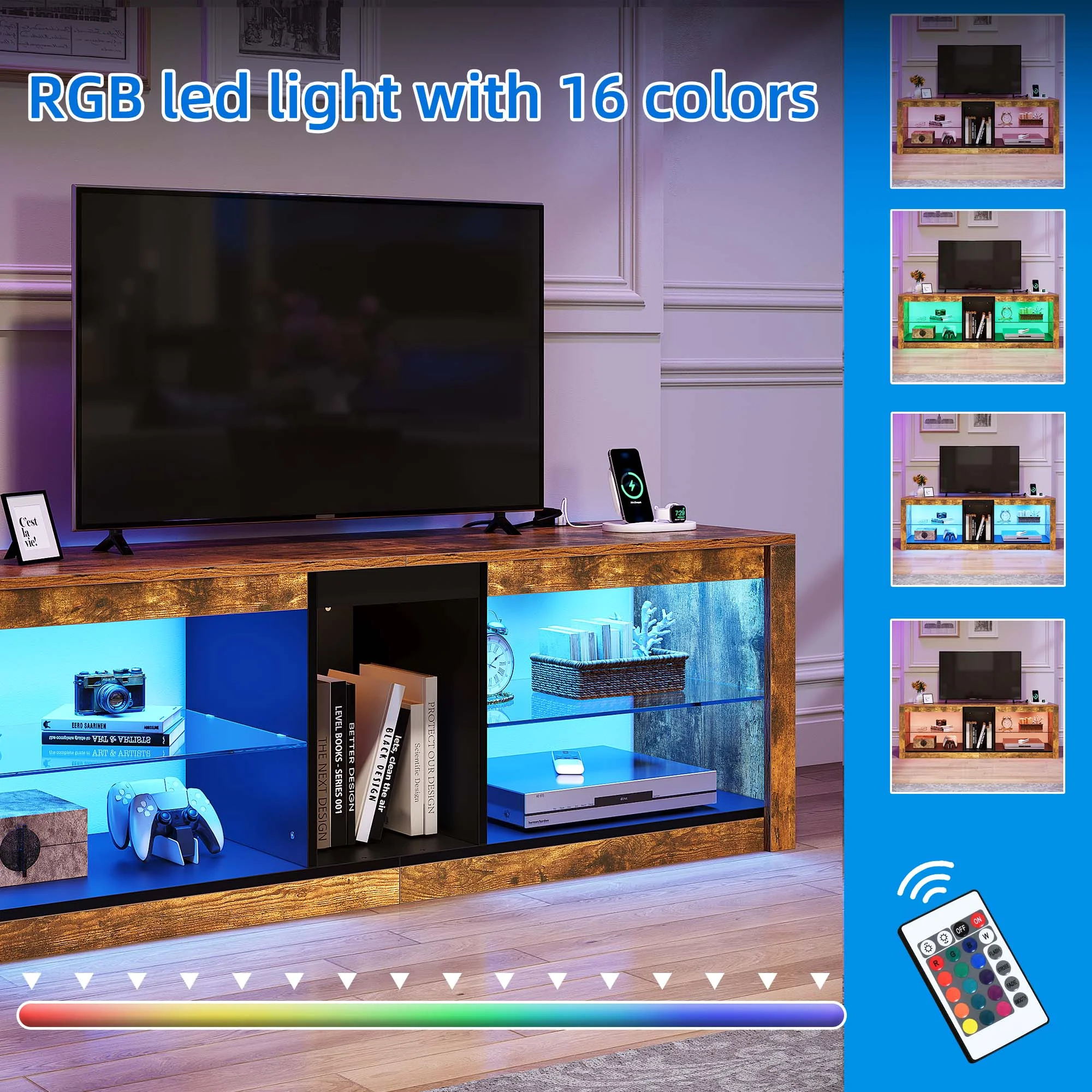 Dextrus TV Stand with LED Ambient Lights, Modern TV Stand with Open Shelf Storage Cabinet for 62 inch TV, Brown