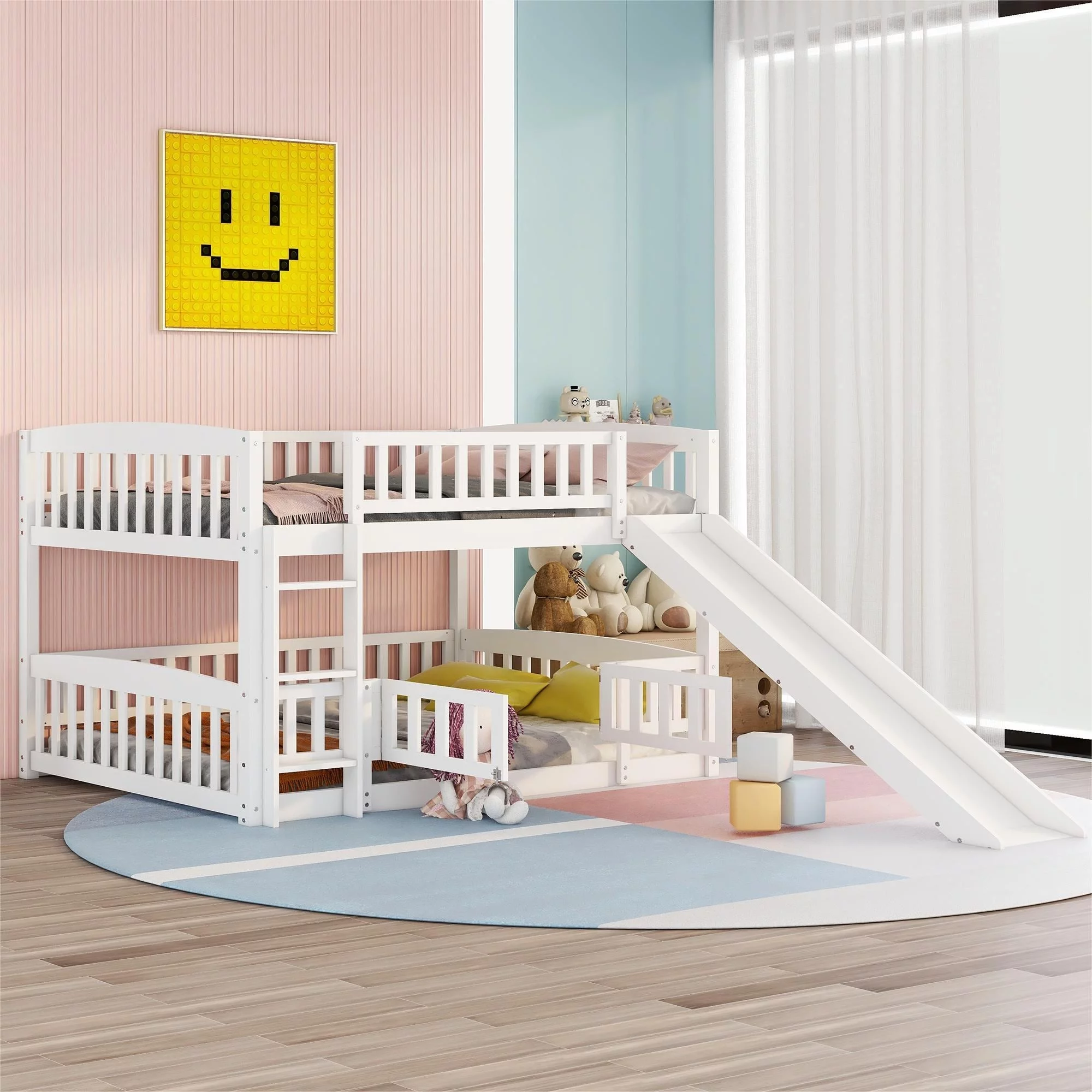 Nestfair Full Over Full Low Bunk Bed with Fence and Ladder White