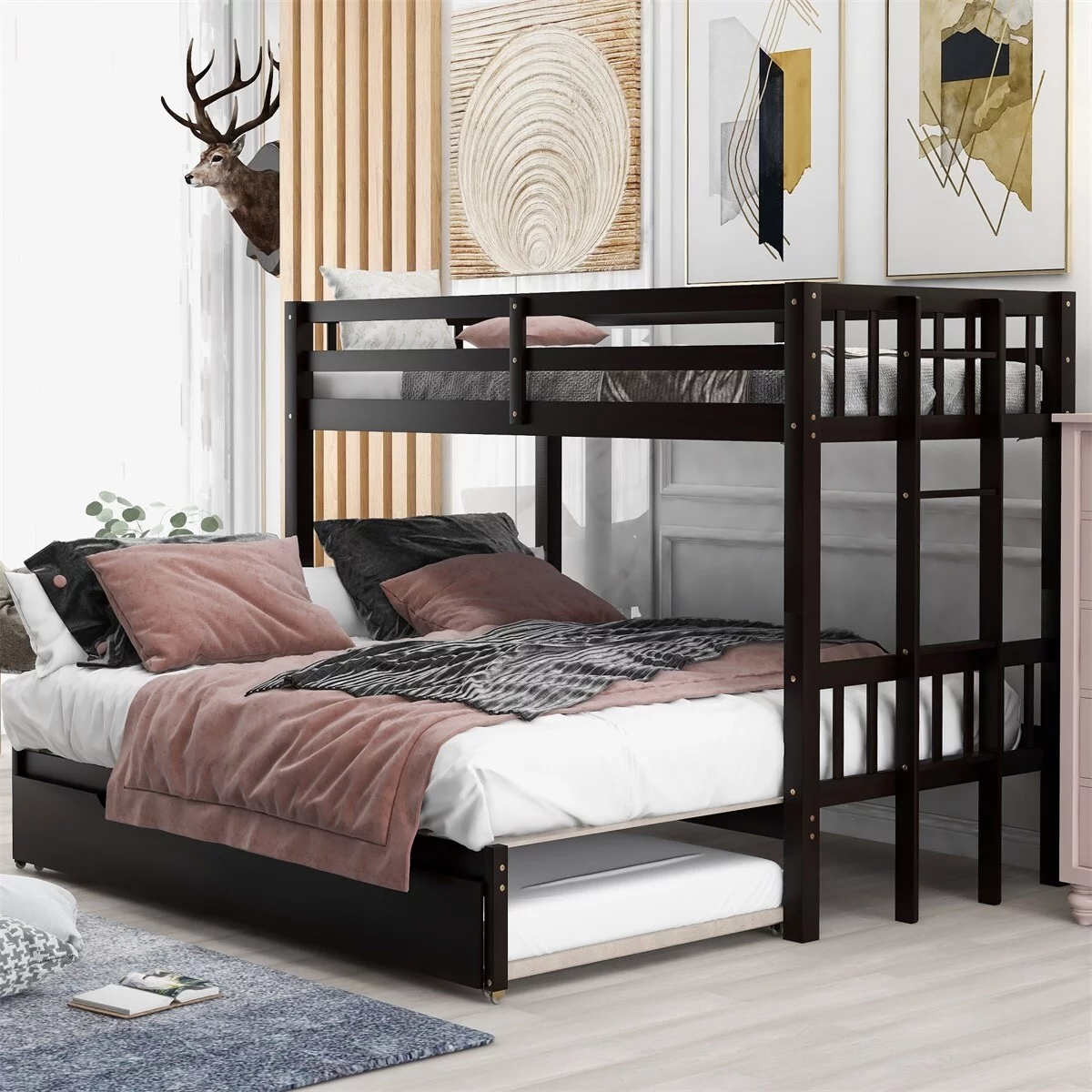 MERAX Twin over Twin/Full Bunk Bed, Pull-out Bunk Bed with Trundle Espresso