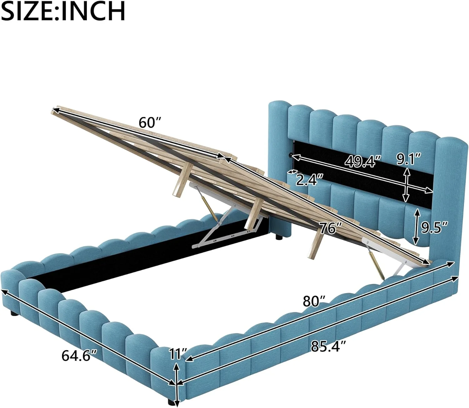 Quee Size Upholstered Lie Fraic Platform Bed With LED Headboard Ad USB,Quee Lift Up Storage Bed Frame For Bedroom,Blue