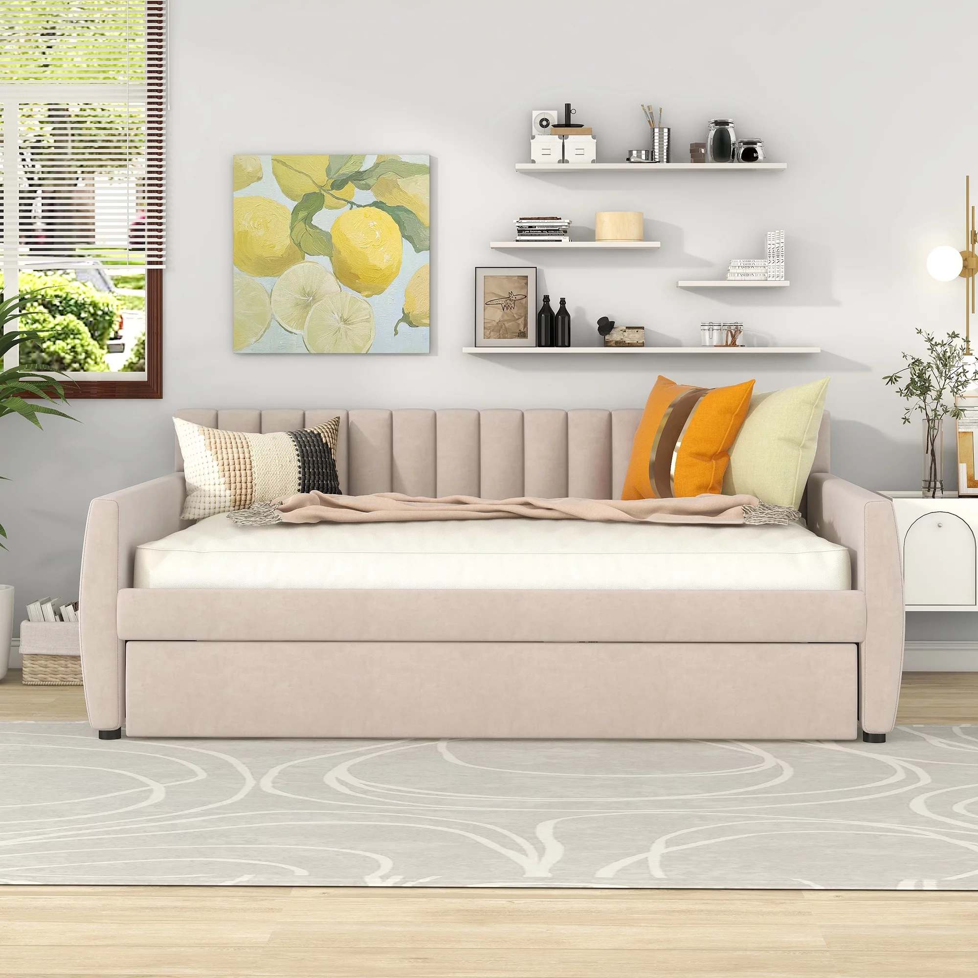 CoSoTower Full Size Upholstered Daybed with Trundle and Wood Slat Support, Beige