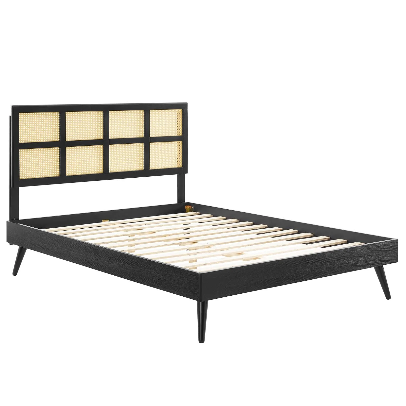 Modway Sidney Cane and Wood Queen Platform Bed With Splayed Legs in Black