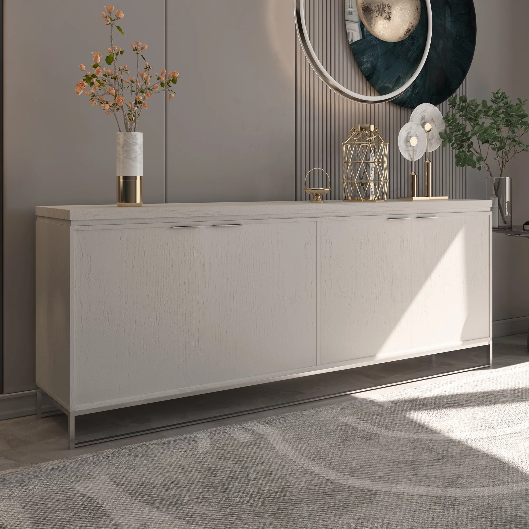 Clihome 4-Door Accent Sideboard Storage Cabinet with Adjustable Shelves, White Modern Sideboard Buffet Cabinet for Kitchen, Dining Room, Living Room, Entryway