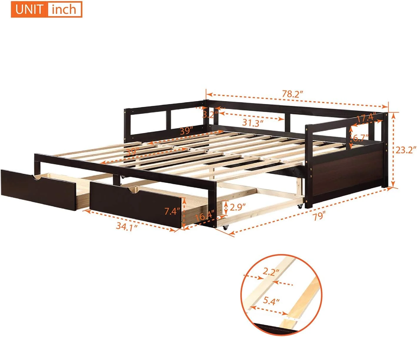 Daybed With Trundle Bed & 2 Storage Drawers, Wooden Extendable Bed, Sofa Bed For Bedroom Living Room,Espresso