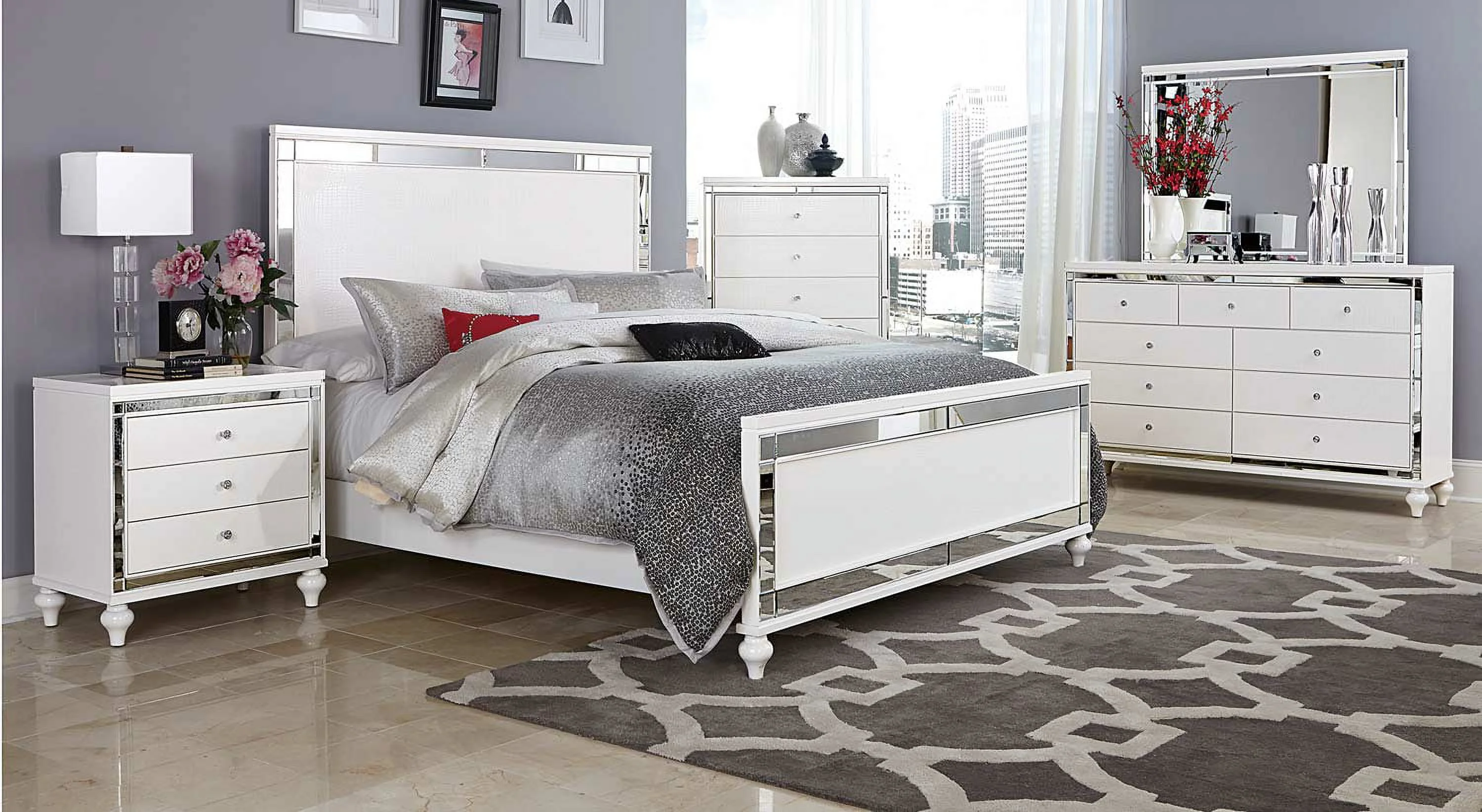 Ashland 5 Drawer Chest in Modern White Embossed Alligator & Mirror