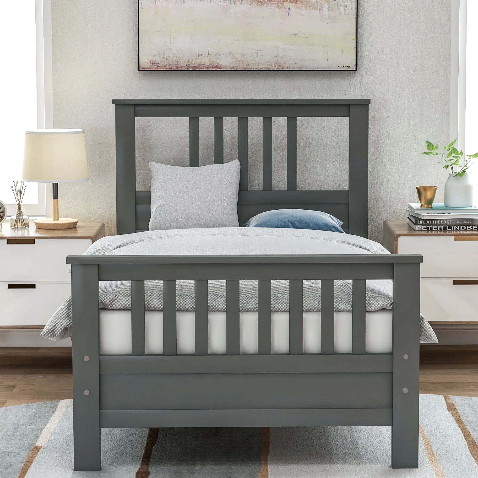 Wood Platform Bed with Headboard and Footboard, Modern Bed Frame with Solid Wood Slat and Support Legs for Bedroom, No Box Spring Need