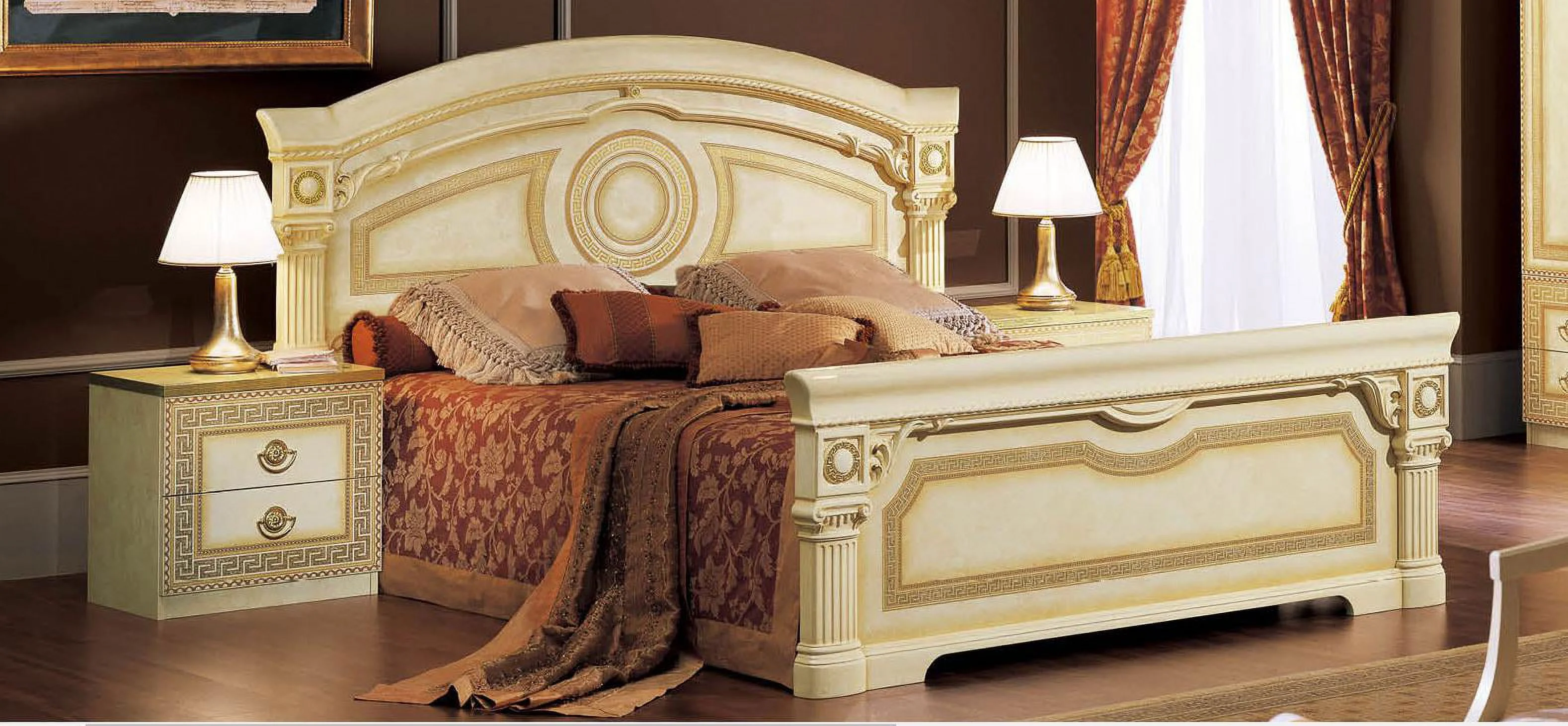 Lacquer Finish King Bedroom Set 3Ps Made in Italy ESF Aida Ivory Gold