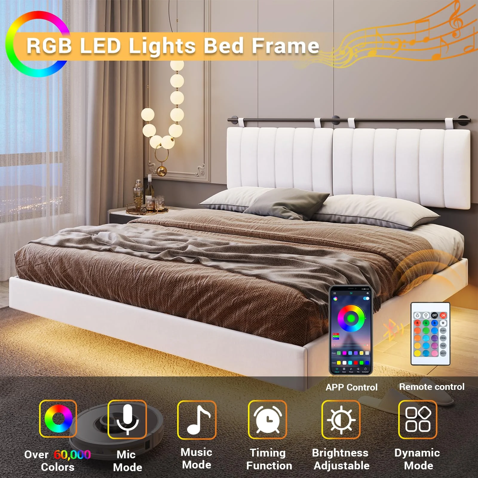 Modern King Size LED Floating Bed Frame with Wall Mounted Headboard,Strong Wood Slats,Faux Leather Low Profile Bed Frame,No Box Spring Needed