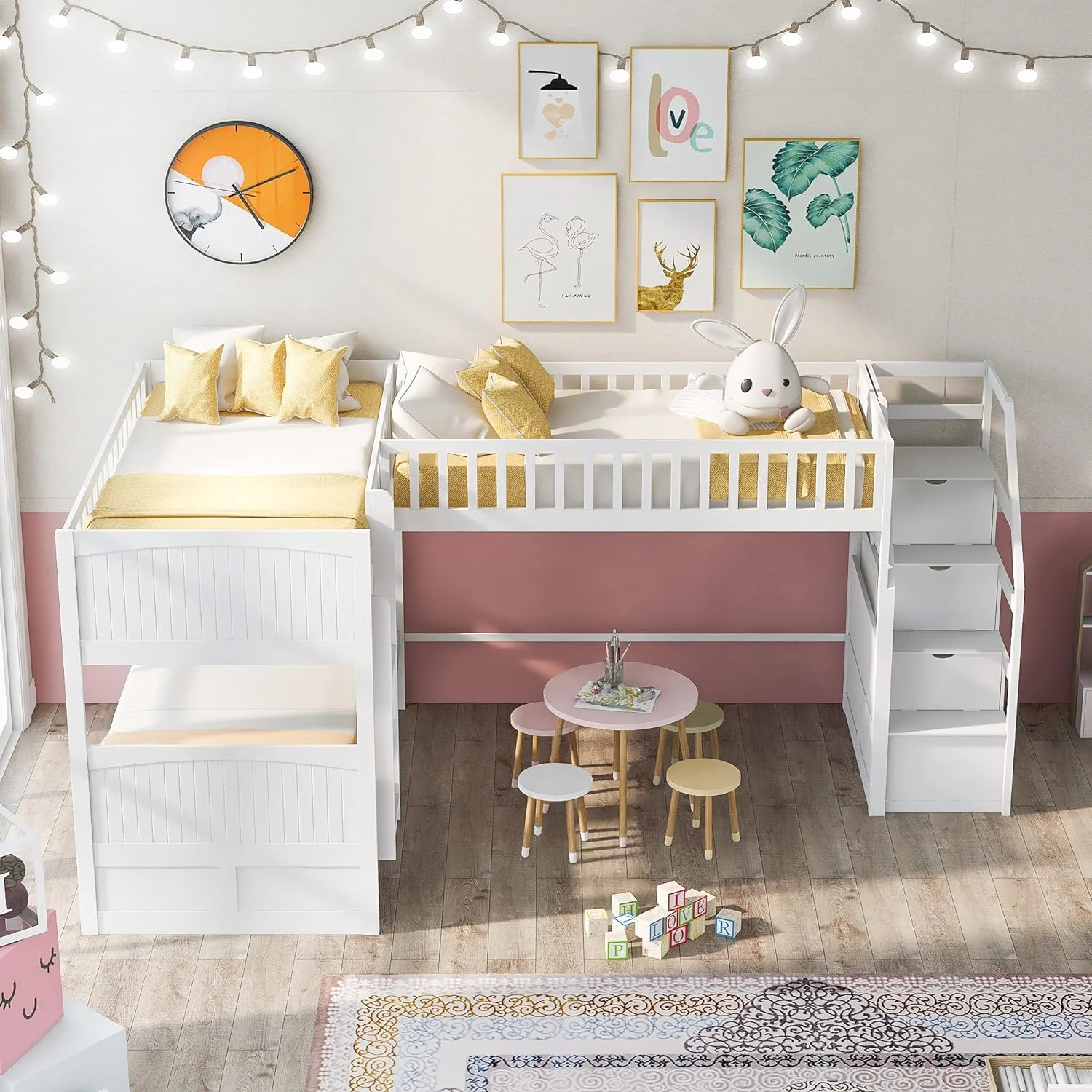 Corner L-Shaped Bunk Beds With Staircase, Over Bunk And Loft Bed For 3 People, No Box Spring Needed (White)