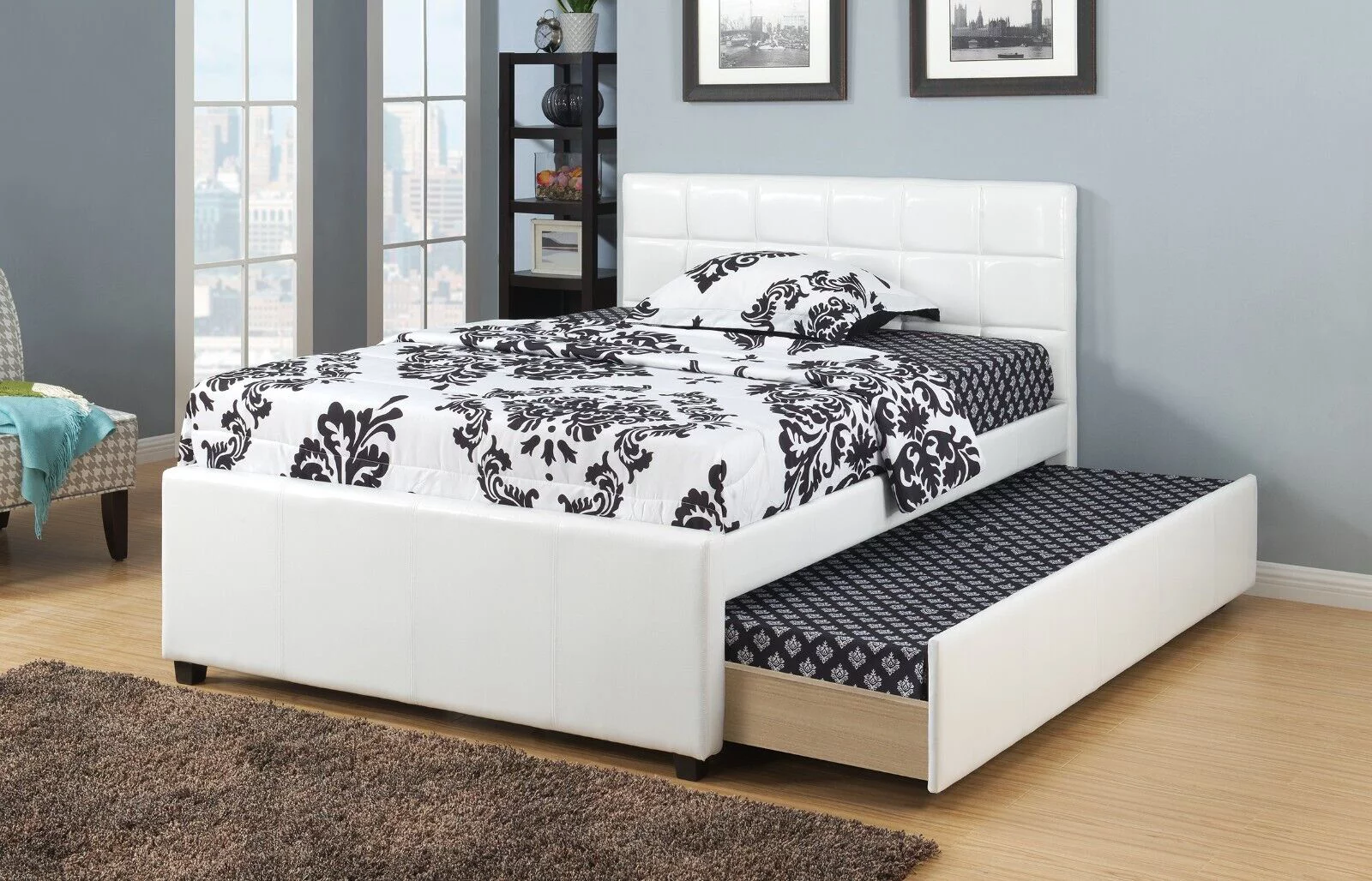 Classic Youth Bedroom Twin Size Bed W Trundle White Faux Leather Upholstered Squared Box Headboard 1pc Bed Furniture