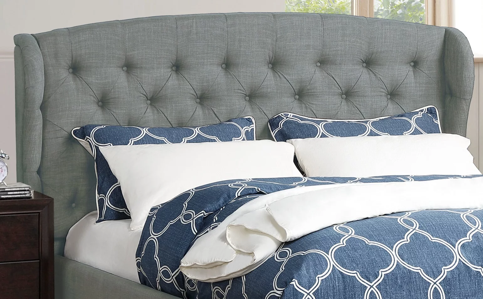 Eastern King size bed Grey polyfiber bedroom furniture 1pc bed set Tufted adjustable headboard wingback