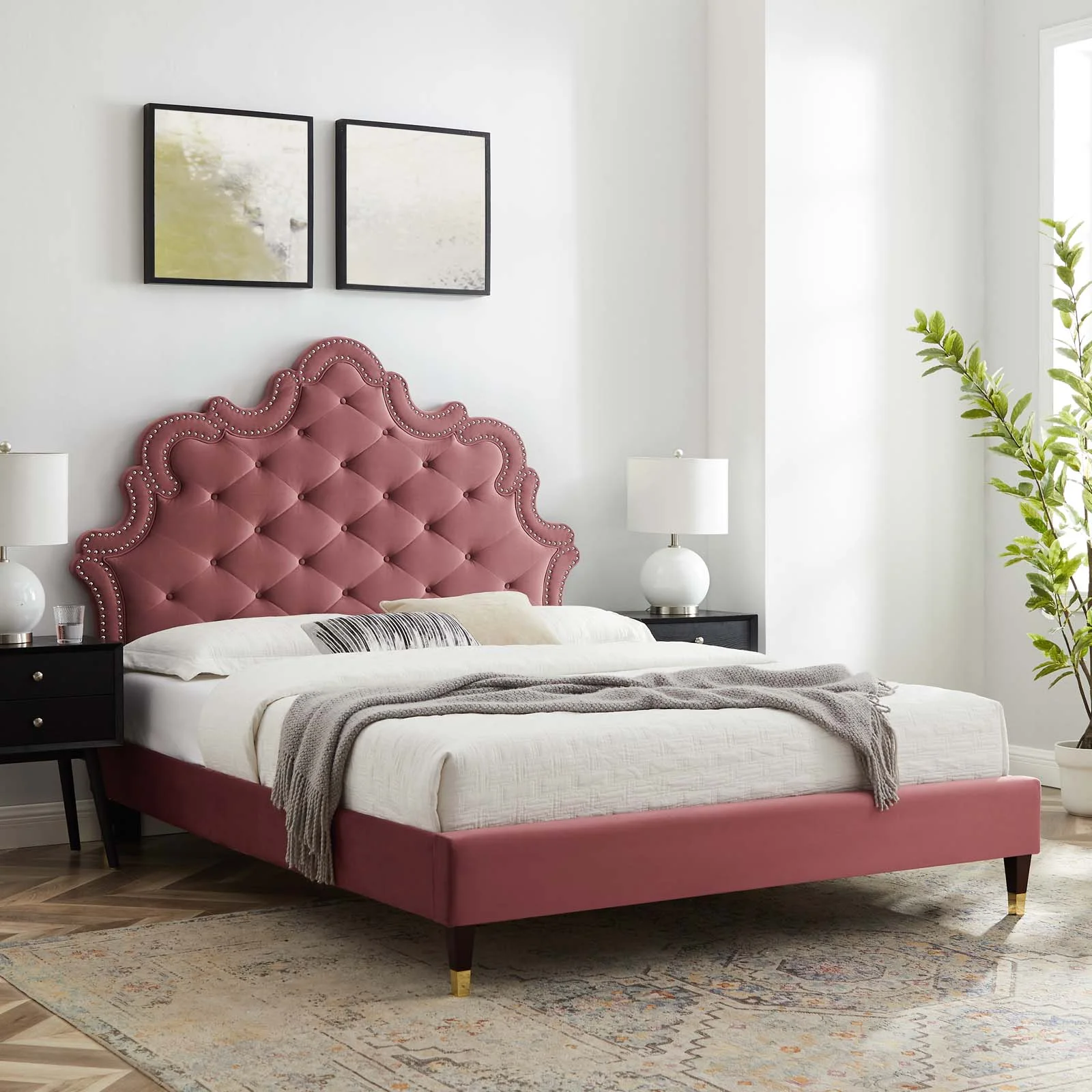 Modway Sasha Button-Tufted Performance Velvet King Bed in Dusty Rose