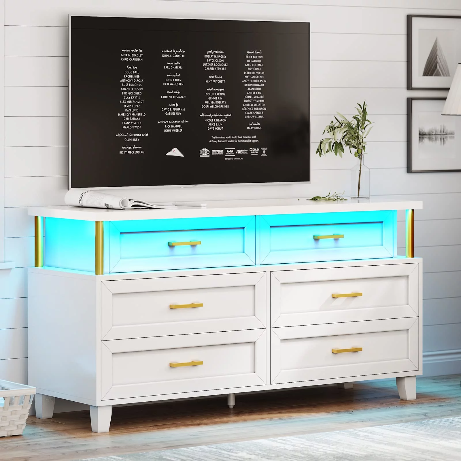 EPHEX 6 Drawer Dresser with Led Light, Dressers and Chests of Drawers with Column Design, Modern Bedroom Wood Long Closet Dresser, White
