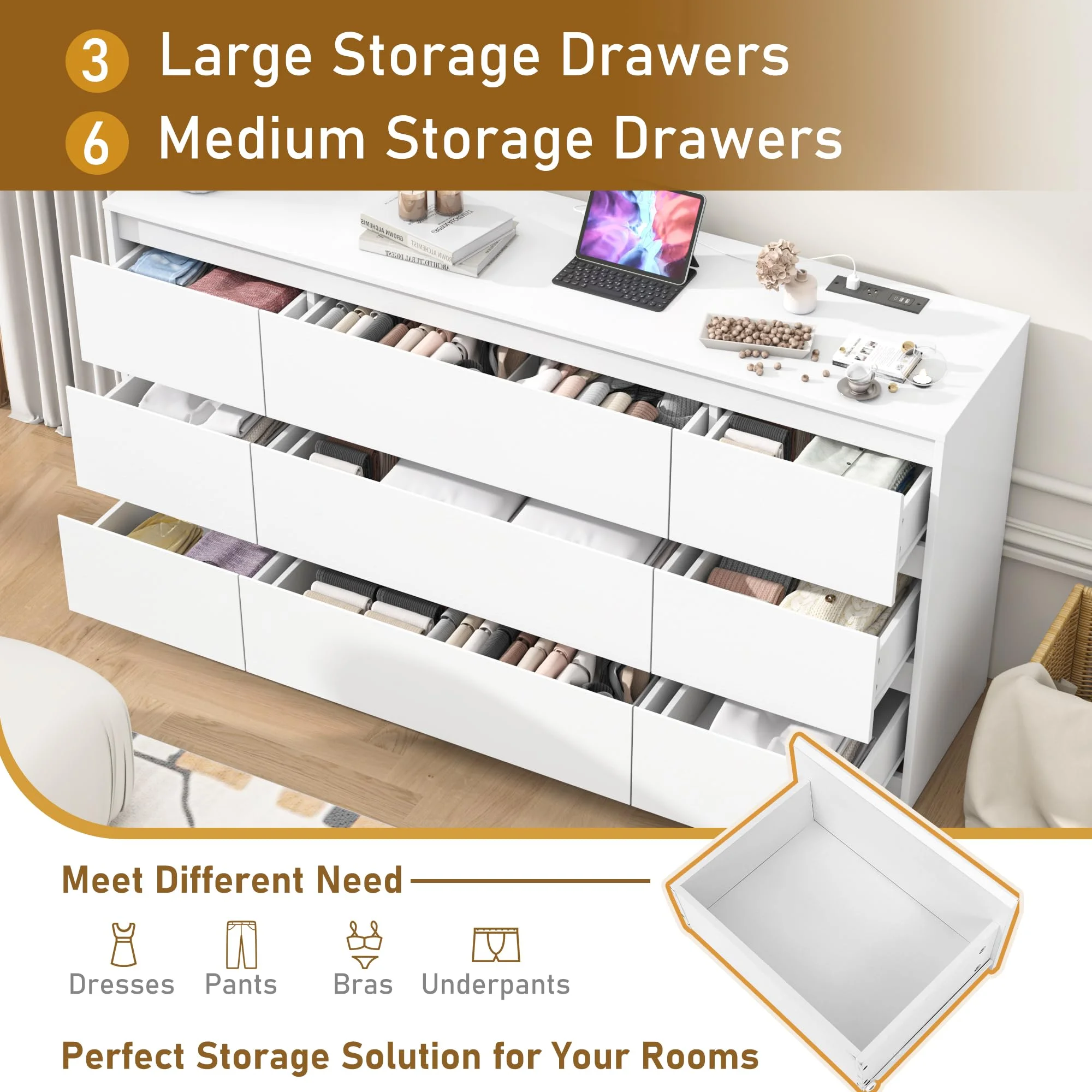 ChVans White 9 Drawer Dresser for Bedroom with Charging Station, 63
