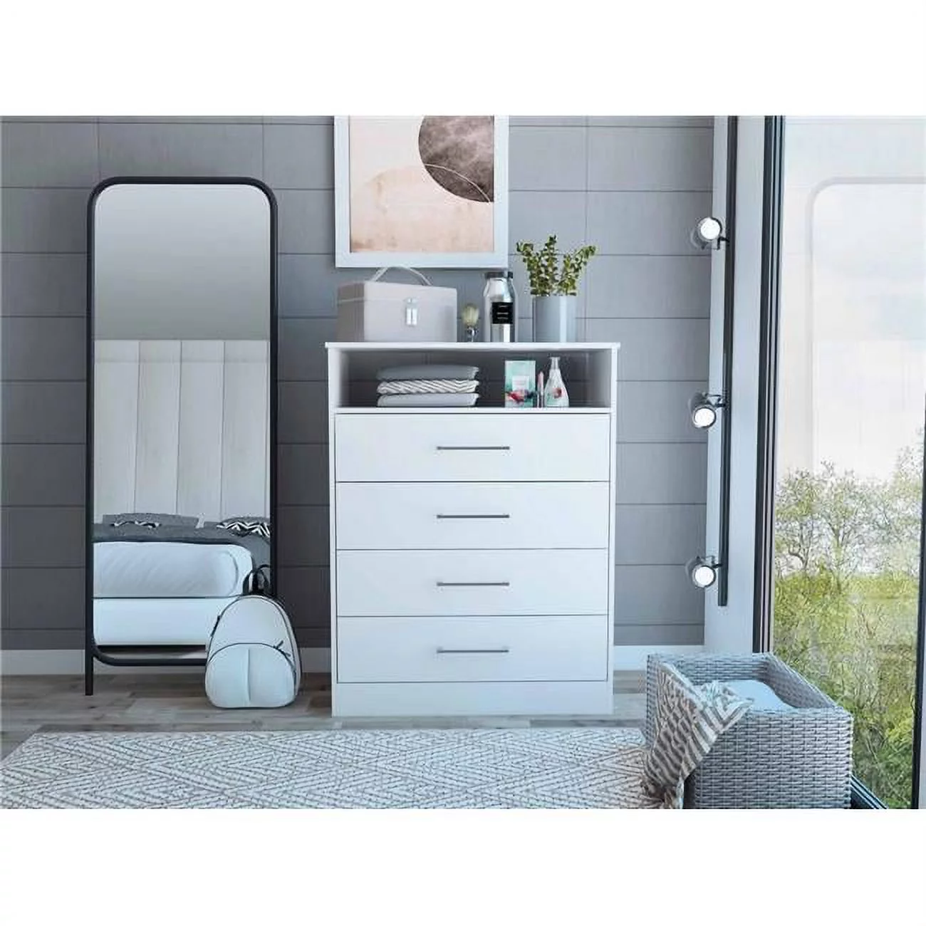 HomeRoots 403742 Modern White Four Drawer Dresser with Hutch