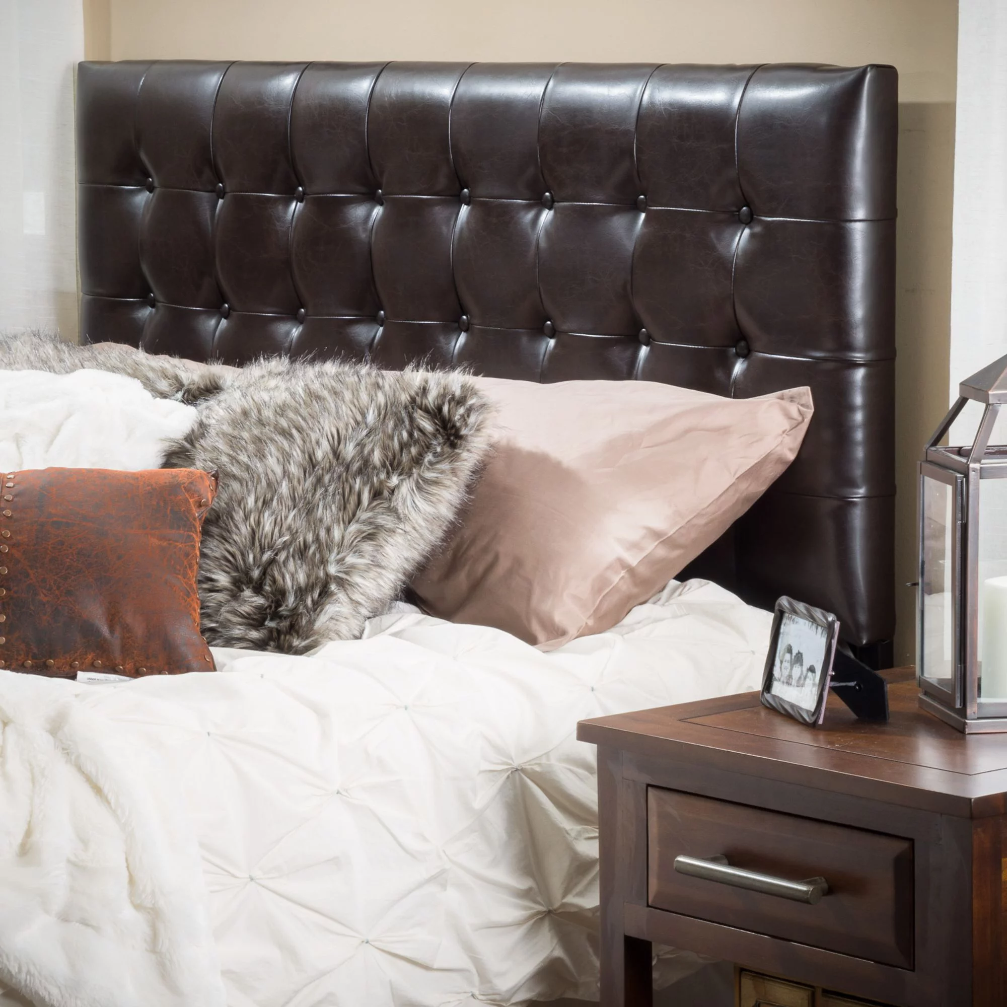 Noble House Bellmont Queen/Full Button Tufted Brown Leather Headboard