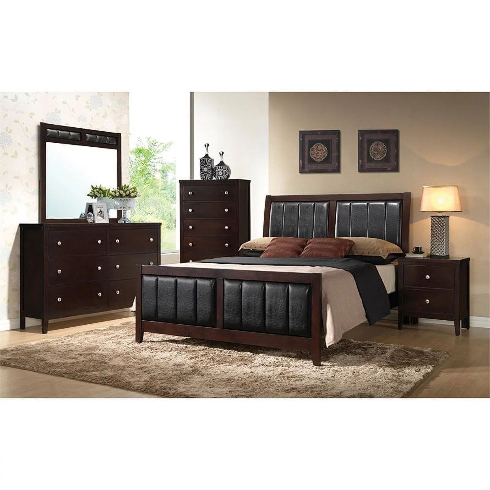 Kingfisher Lane Faux Leather King Panel Bed in Black and Cappuccino
